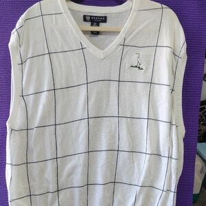 Oxford White V-Neck Windowpane Sweater Vest with Navy Grid